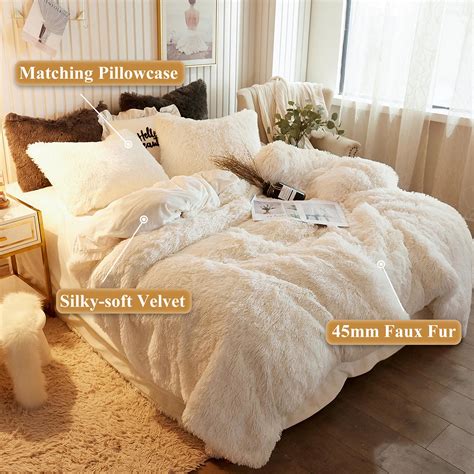 Xege 3 Piece Fluffy Faux Fur Duvet Cover Set King Luxury Ultra Soft