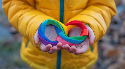 Niño Sosteniendo El Símbolo Infinito Del Arco Iris Para La Conciencia