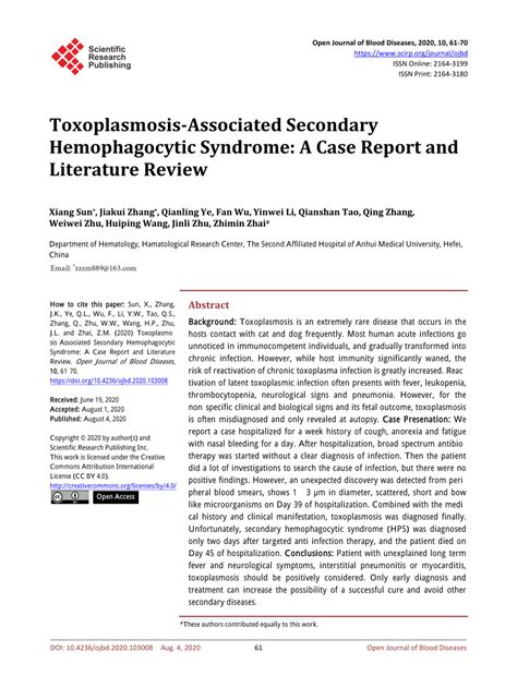 PDF Toxoplasmosis Associated Secondary Hemophagocytic Syndrome A