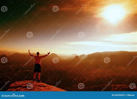 Red Filter Photo Naked Climber In Black Pants Gesture Of Triumph Stock Image Image Of Dark