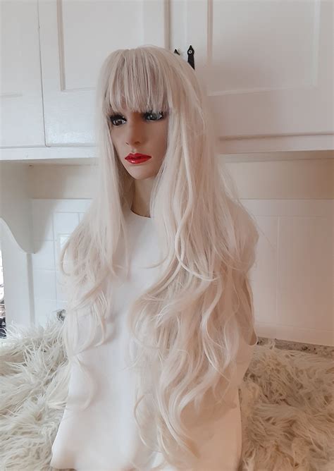 Platinum Blonde Lace Front Wig Human Hair Blend With Bangs Etsy