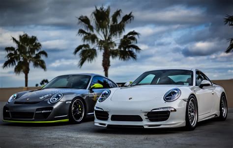 Wallpaper white, the sky, clouds, palm trees, silver, 911, Porsche ...