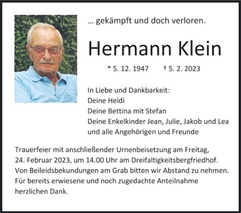 Traueranzeigen Von Hermann Klein Mittelbayerische Trauer