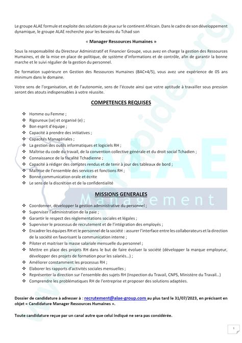 Le Groupe ALAE Recherche Un Manager Ressources Humaines Tchad JobRapide