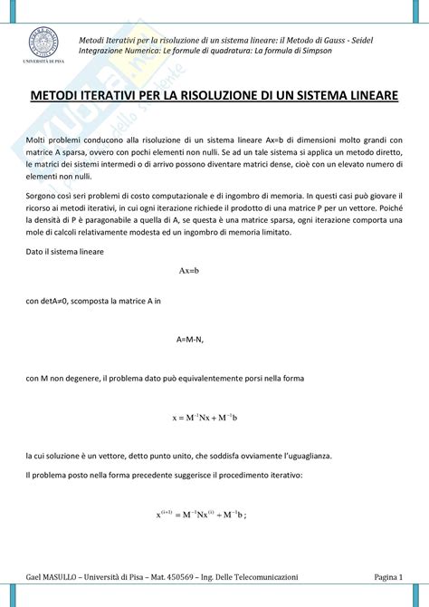 Calcolo numerico - metodo di Gauss Seidel e formula di Simpson