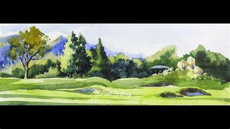 Watercolor Panoramic Landscape | Mountains, Trees, Valley Watercolor ...