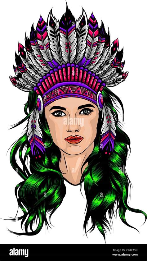 Beautiful girl in a headdress of North American Indians Stock Vector