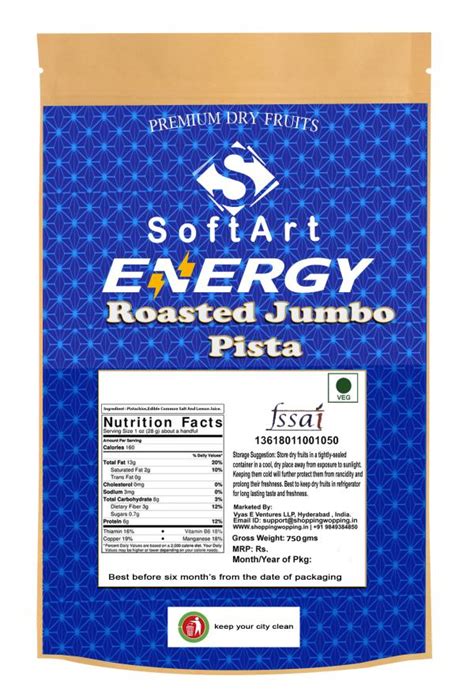 Soft Art Energy Roasted Salted Jumbo Pista Vaccum Pack 750 Grams