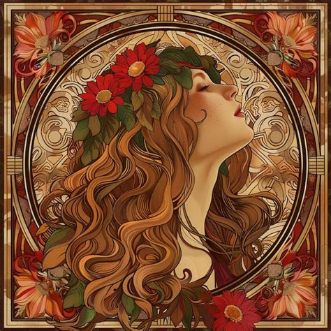 Art Nouveau Style Beautiful Woman With Long Hair Shaped As Flowers In