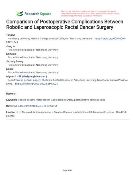 Pdf Comparison Of Postoperative Complications Between Robotic And