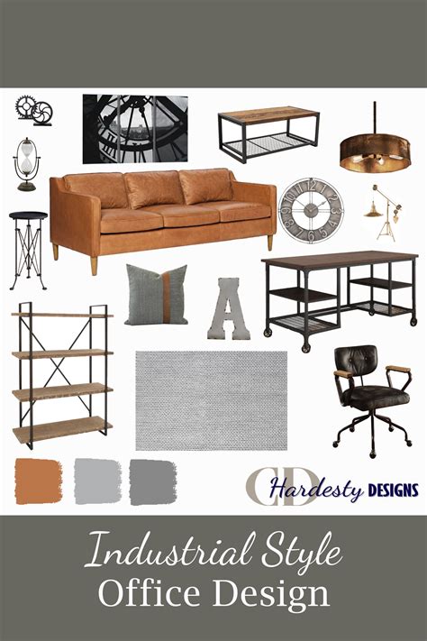 Industrial style office with a neutral color palette, metal accents, a ...