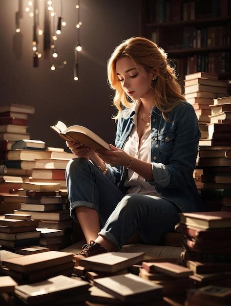 Premium Photo Woman Sitting And Reading On The Pile Of Book