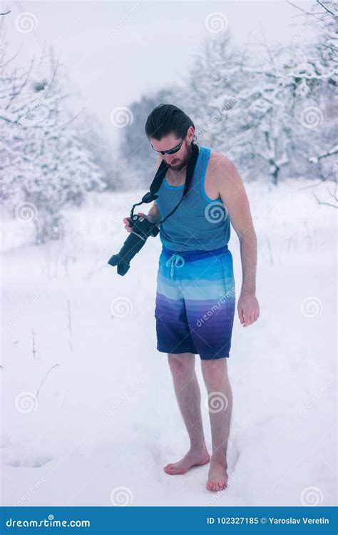 Naked Man With Camera Stand In The Winter Forest Stock Image Image Of Hairy Model
