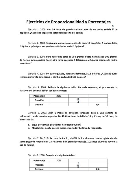 Ejercicios De Proporcionalidad Y Porcentajes