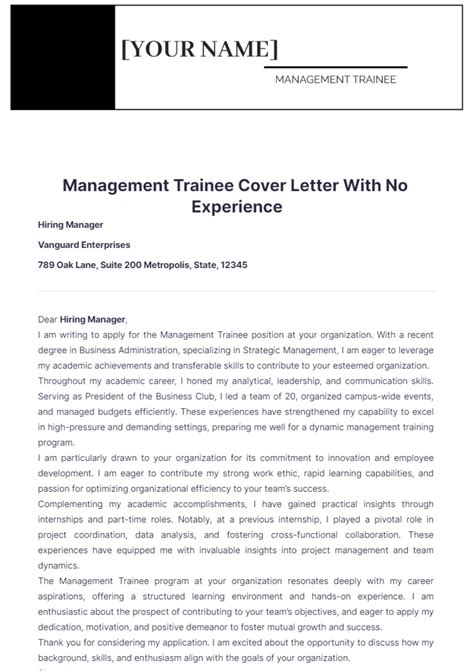 Free Management Trainee Cover Letter With No Experience Template To