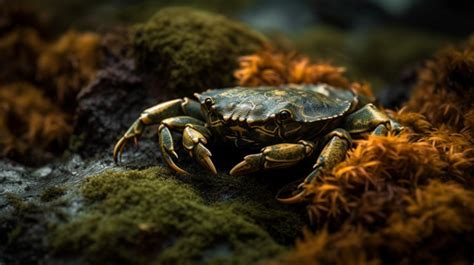 The Crab Is Sitting On Some Rocks At The Bottom Of A Pond Background A