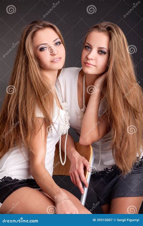 Two Beautiful Girls Twins Isolated On Black Stock Image Image Of Beautiful Cheerful 39315007