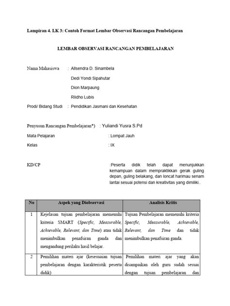 Lampiran 4 Lk 3 Contoh Format Lembar Observasi Rancangan Pembelajaran 1