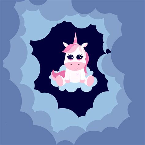 Illustration With Cute Unicorn And Clouds On Dark Blue Background It