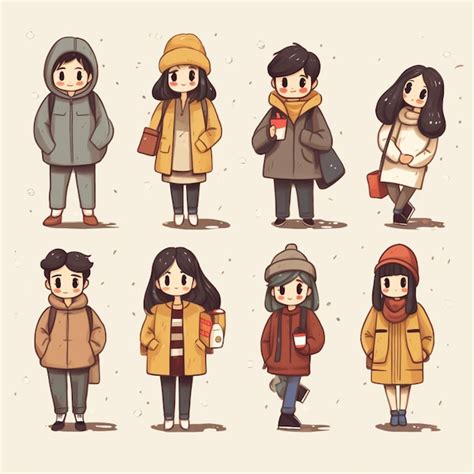 Premium Photo | Cartoon characters of people in winter clothes and hats standing in a row ...