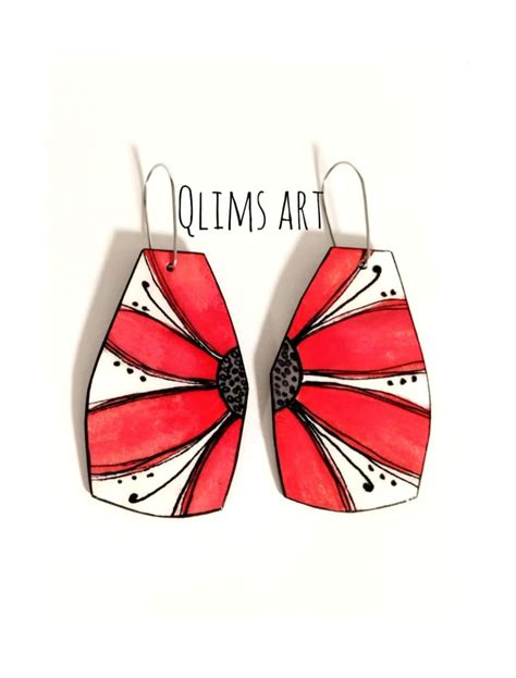 Pendientes De Papel Pintados A Mano Pendientes Colgantes De Papel Con Flores Rojas Joyas De