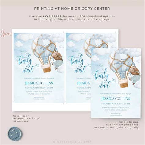 Bear Hot Air Balloon Baby Shower Invitation Set We Can Bearly Wait Boy Baby Bear Invite