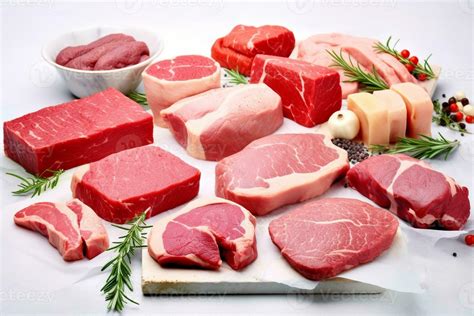 Selection of different cuts of fresh raw red meat in a supermarket ...