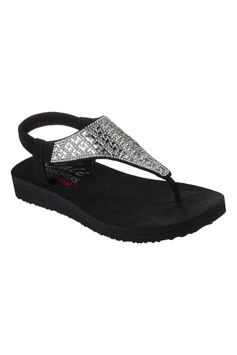 Skechers, Сандали Meditation с декоративни камъни, Сребрист, Черен, 40 ...
