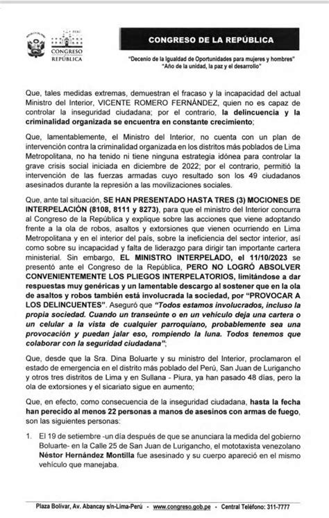 Presentan Moción De Censura Contra Ministro Del Interior Vicente