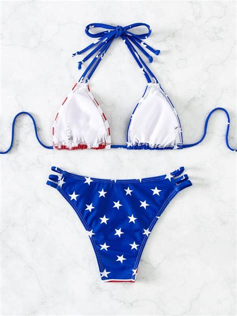 Shein Swim Vcay American Flag Print Bikini Set Halter Triangle Bra Top Bikini Bottom Piece