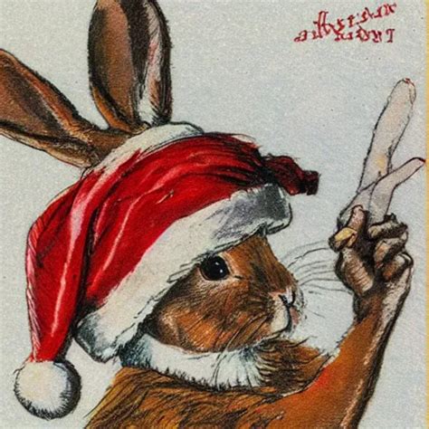 A Christmas Card Of A Rabbit Dressed As Santa In The Stable