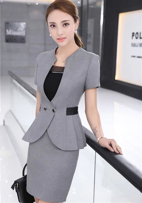 Novelty Grey Slim Fashion Formal Blazer Suits With Tops And Skirt For