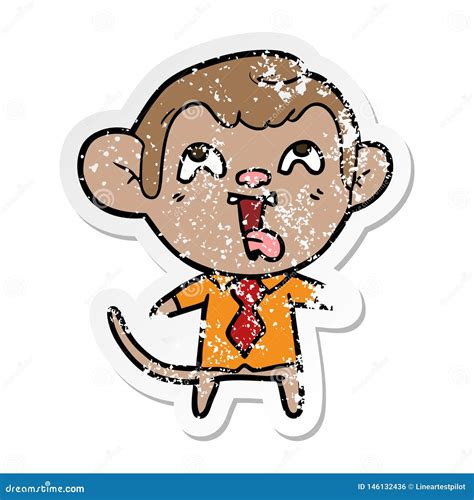 Distressed Sticker Of A Crazy Cartoon Monkey In Shirt And Tie Stock