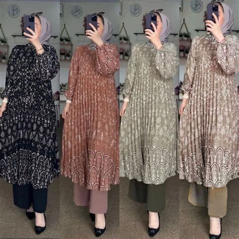 Jual Amel Setelan Khanifah Plisket Etnic Oneset Long Tunik Silk