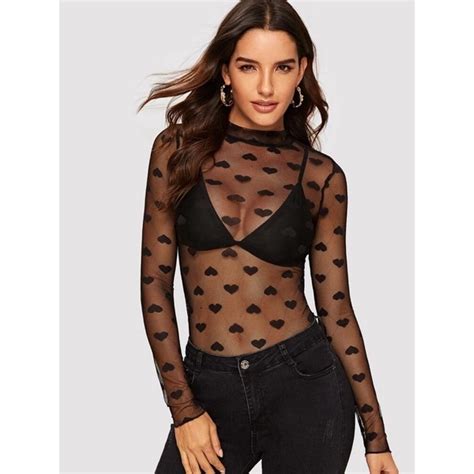 SHEIN Mock Neck Sheer Mesh Heart Top Shopee Philippines