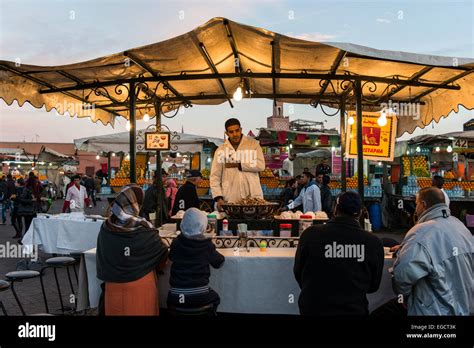 Food stall on Djemaa el Fna or Jamaa el Fna square, Marrakech, Morocco ...