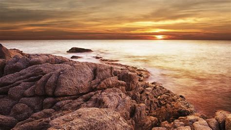 X Resolution Brown And Black Wooden Table Rock Sea Sunset