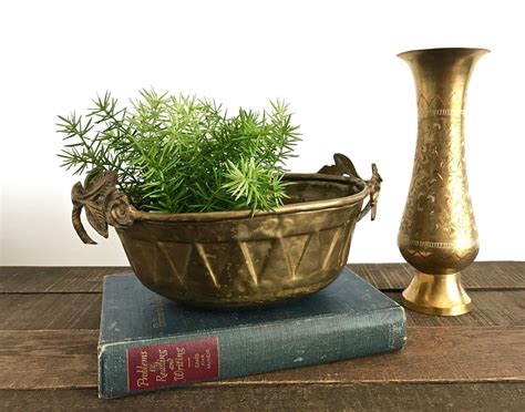 Vintage Brass Planter Oblong Rustic Brass Hammered Planter Etsy