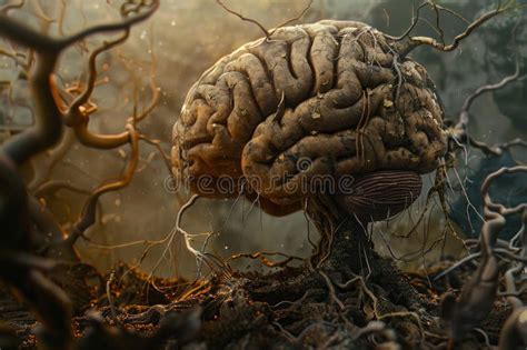 Human Brain Growing From Roots Symbolizing Mental Health Stock