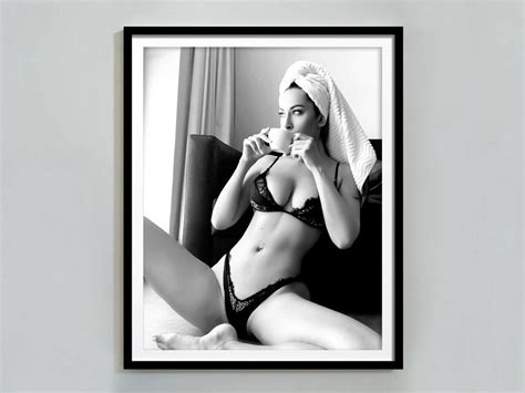 Woman In Bikini Drinking Coffee Print Black And White Bathroom Wall Art Feminist Poster
