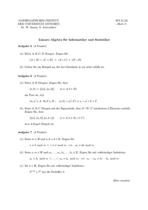 Lineare Algebra für Informatiker und Statistiker LMU Übungsblatt 2