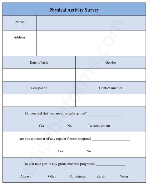 Physical Activity Survey Form | Editable PDF Forms