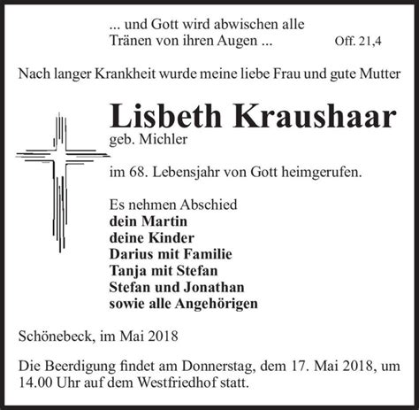 Traueranzeigen Von Lisbeth Kraushaar Geb Michler Abschied