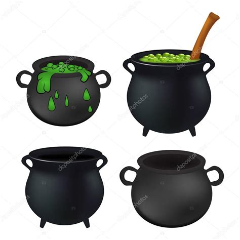 Witch Cauldron Empty And With Green Potion Bubbling Witches Brew Set Realistic Vector