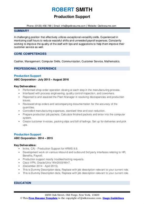 Production Support Resume Samples Qwikresume