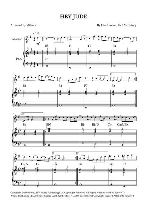 Hey Jude Arr Milanov By The Beatles Sheet Music For Alto Sax And