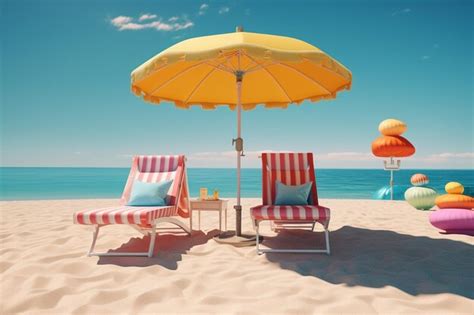 Premium Photo Colorful Beach Umbrellas And Lounge Chairs Generative Ai