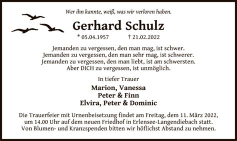 Traueranzeigen Von Gerhard Schulz Trauer Op Online De