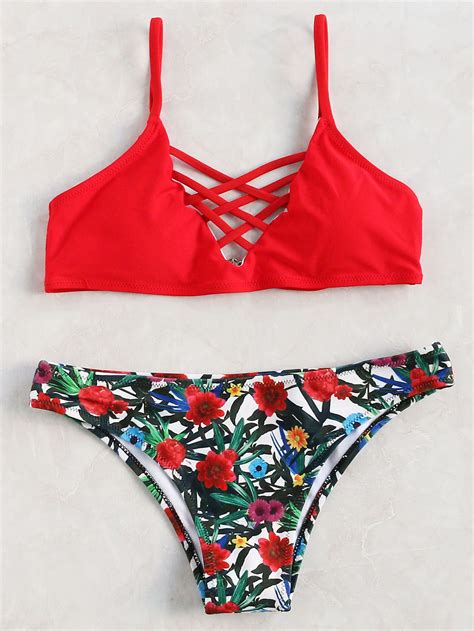 Criss Cross Top With Floral Print Bikini Set SHEIN USA