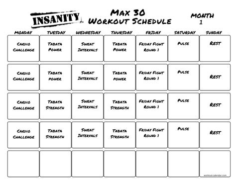 Insanity Calendar Printable